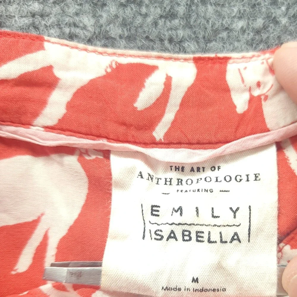 Anthropologie Emily Isabella Poodle Print Blouse Red White Short Sleeve M